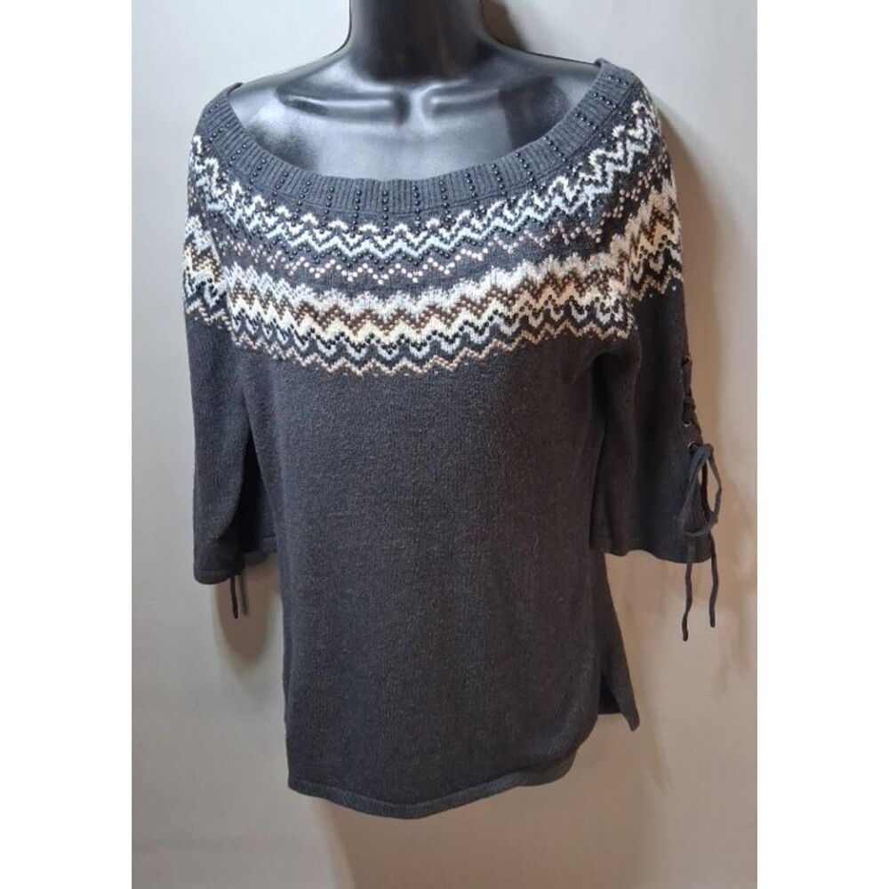 Venus Fair Isle Off-Shoulder Knit Sweater Charcoal Gray Lace-Up Sleeves M